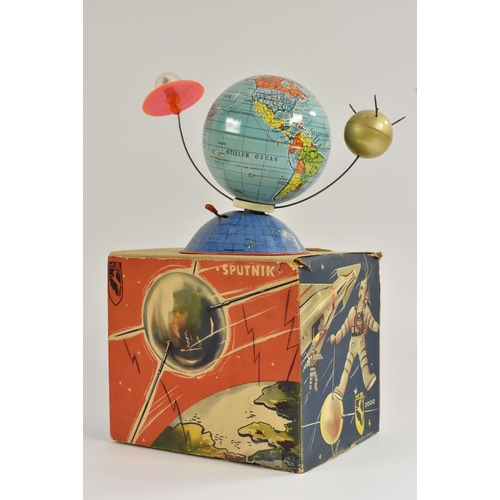 117 - A Michael Seidel, West German tin plate globe, SPUTNIK, clockwork, MS 2000, with Sputnik and a flyin... 