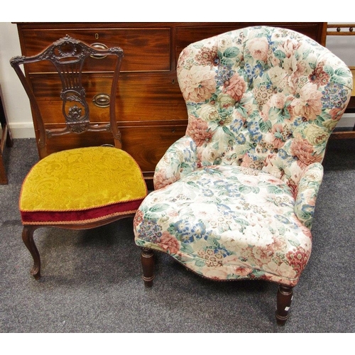 187 - A late Victorian mahogany nursing chair, ornate carved back, cabriole legs; A button back nursing ch... 