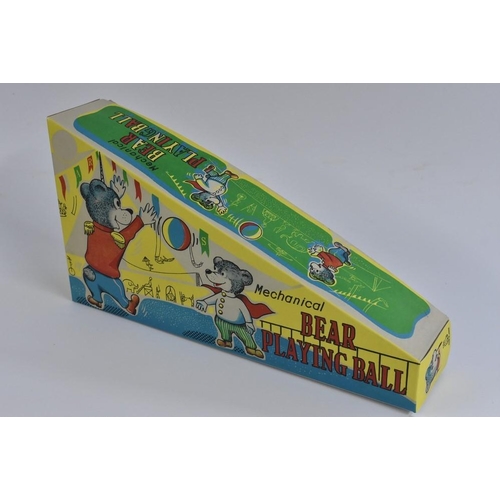 136 - A Japanese  Bear Playing Ball, tin plate windup toy, reproduction box