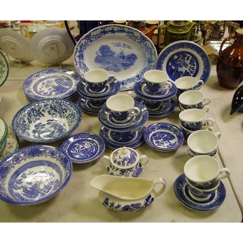 203 - Blue and White including Stoke potteries Delph meat plate, old willow ironstone tea cups, saucers, p... 