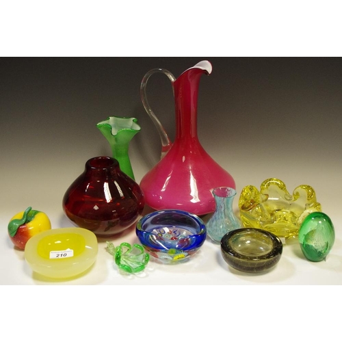 210 - Decorative glass - a small Caithness vase; novelty glass apple; pin dish; trinket dishes; ewer; pape... 