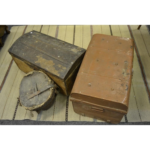 435 - An early 20th century metal trunk; a 19th century domed top trunk; a Victorian top hat in hat box, e... 