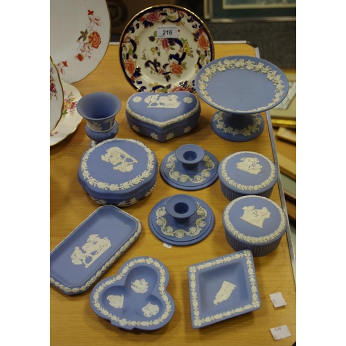 216 - Wedgwood Jasperware including small comport, campana vase, candlesticks, trinket dishes, pots and co... 