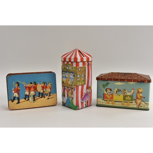 152 - A money box, with train lithographs;  a Sharps tin, with toy soldiers lithographs; a Punch and Judy ... 