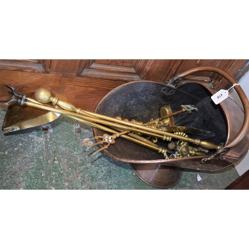 416 - A copper coal scuttle; a set of Victorian brass fire irons; etc