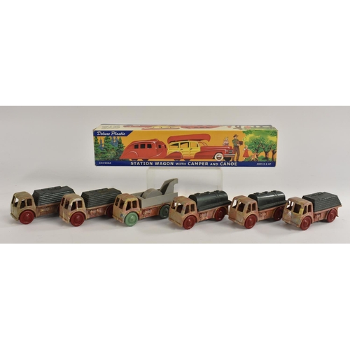 160 - A Station Wagon with camper and canoe, made in China, plastic, in original box; six plastic vehicles... 