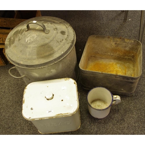 241 - Vintage galvanized grain bin and cover; a galvanized rectangular bib; an enamelled bread bin and cov... 