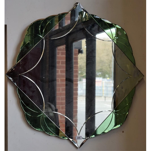 428 - An Art Deco style wall mirror, tinted glass, 86cm wide