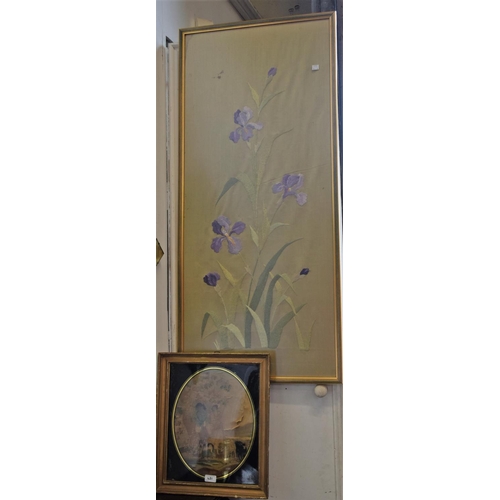 431 - A George III printed and hand stitched tapestry landscape; another embroidery of Irises (2)
