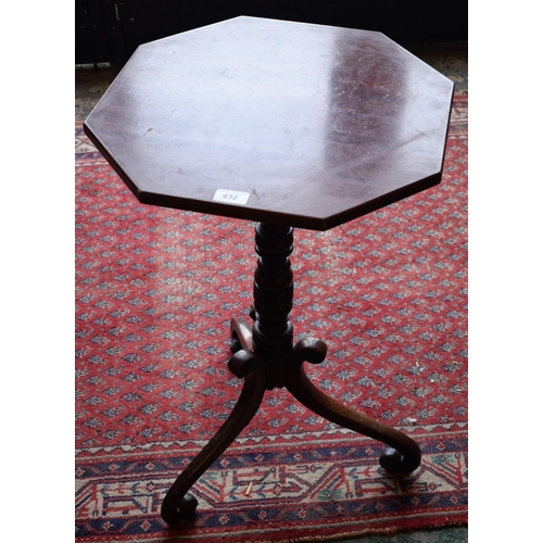 432 - A '19th century' mahogany wine/occasional table, octagonal top, turned column, scroll triform base, ... 
