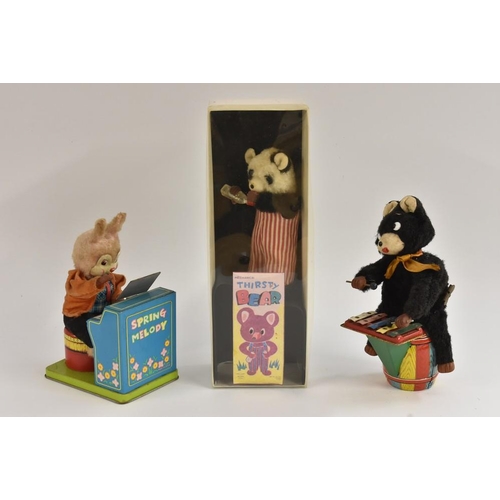 172 - Tinplate - Thirsty Bear, windup toy, made in Japan; Xylophone playing bear, made in Japan; Piano Pla... 