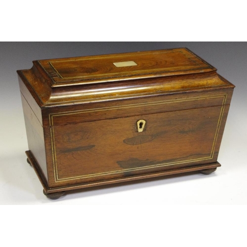 257 - A William IV rosewood and pewter strung tea caddy, vacant mother of pearl cartouche