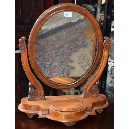 441 - A 19th century mahogany dressing mirror, oval plate flanked by scrolling supports, shaped stepped ba... 