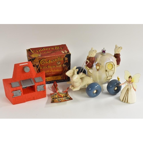 179 - A Cinderella pull along carriage, Cinderella dustpan, tinplate, Cinderella Kitchen set in original b... 