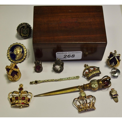 268 - Regalia - a King George V and Queen Mary coronation paper opener; Churchill enamel badge; gold colou... 