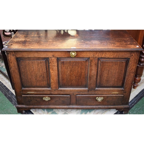 468 - A late 18th/early 19th century oak blanket chest, moulded hinged rectangular top above a three panel... 