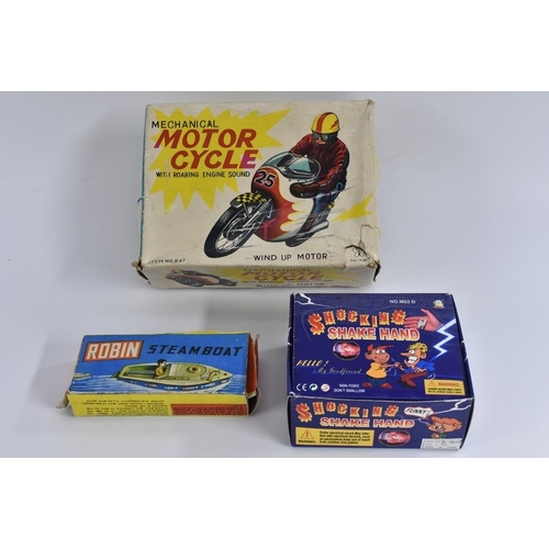 20 - A Japanese tin plate wind-up Mechanical Motor Cycle,  with roaring engine sound, boxed; a Robin Stea... 