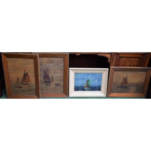 474 - Pictures - maritime interest - a trio of sailing boats, oils on canvas, unsigned, two portrait, one ... 