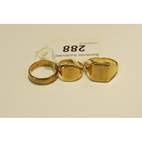 288 - A 9ct gold gentleman's signet ring; a 9ct gold half barrel wedding band; a gold coloured metal signe... 