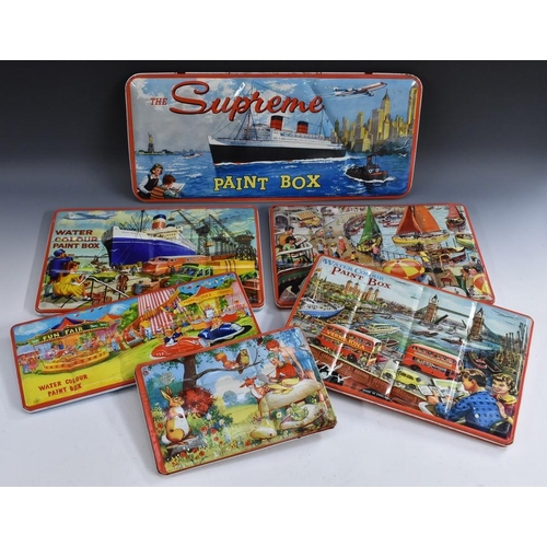 21 - Six Paintbox, watercolour tins, made in England, all with beautiful illustrations, 1950's (6)