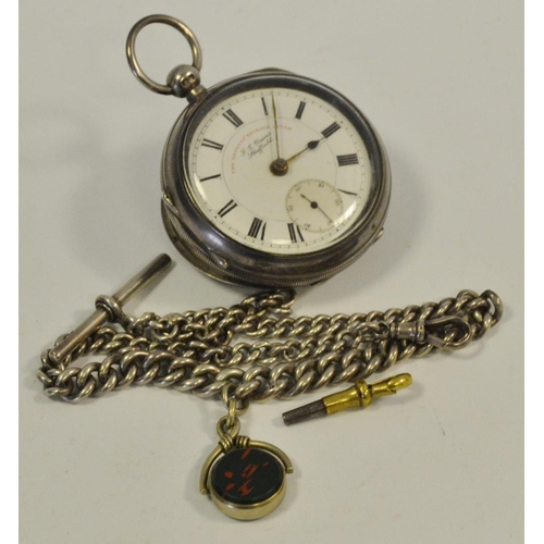 300 - An Edwardian J G Graves open face pocket watch, Chester 1904, suspended from,a graduated silver Albe... 