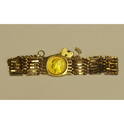 302 - A Victorian sovereign set gate bracelet, 1871, 9ct gold seven bar gate bracelet, padlock clasp, 23.4... 