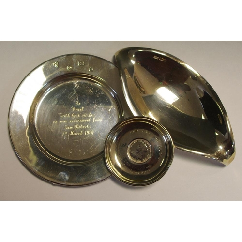 307 - Silver - a shaped navette silver bowl, Mappin and Webb 1979, oval card tray, and pin dish, (3).