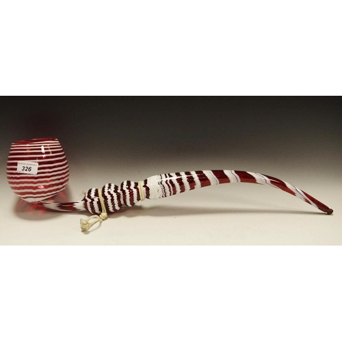 326 - An early 20th century Stourbridge oversized cranberry glass pipe, combed in white, c.1880