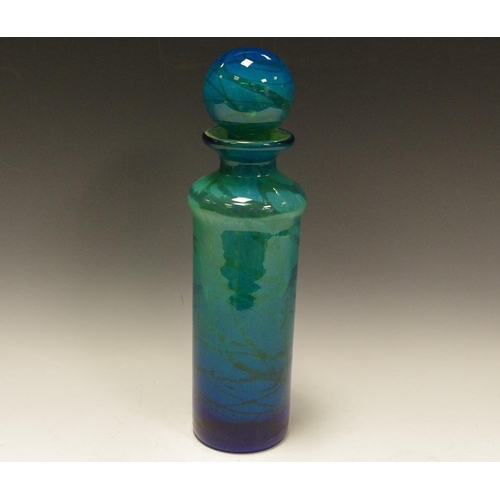 332 - An Art glass cylindrical scent flask, in mottled blue, bold globular stopper, 30cm high, c.1930