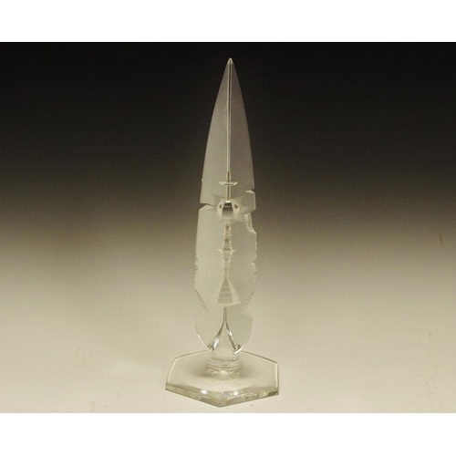 334 - Art glass - a triple reversed cut glass obelisk possibly Orrefors