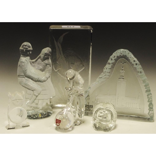 338 - Art glass - an Orrefors Tradesman Series glass figure of a glass blower; a Nybro glass desk weight i... 