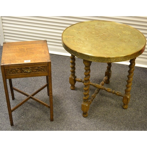 362 - A 1930's oak occasional table, square top, single drawer to frieze, carved and monogrammed JM; a bra... 