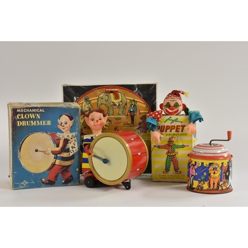 29 - A Daiya, Japan wind-up tim plate Mechanical Clown Drummer, boxed;  a Circus musical box;   a Dancing... 