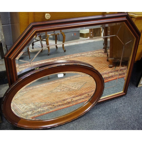 379 - An Edwardian mahogany oval wall mirror, dot and dash beading; a modern rectangular mirror with two c... 