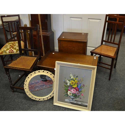 381 - A near pair of Edwardian mahogany boudoir chairs, A 1920's oak work box , hinged cover enclosing lin... 