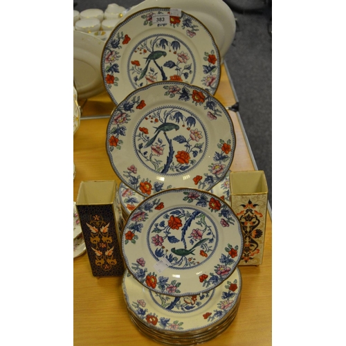 383 - Ceramics - a Booths silcon china bird of paradise part dinner service, including dinner, side desser... 