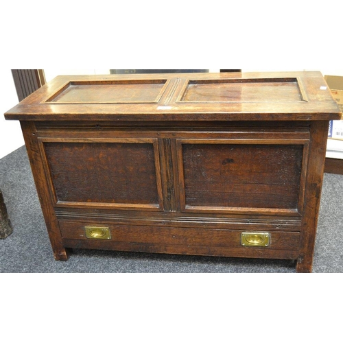 389 - An oak mule chest of small proportions panelled hinged top two panelled front long drawer to base br... 