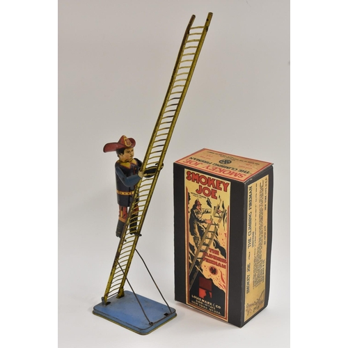 55 - A Louis Marx & Co tin plate, wind-up, Smokey Joe, The Fireman Climbing Ladder, reproduction box, 193... 