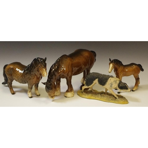 66 - A Beswick grazing shire horse model 1050; a Beswick Shetland pony; a Beswick shire horse foal; a Bor... 