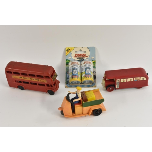 60 - A Station Porter, plastic, friction, made in Hong Kong; a plastic bus; a plastic bus, 60's, made in ... 
