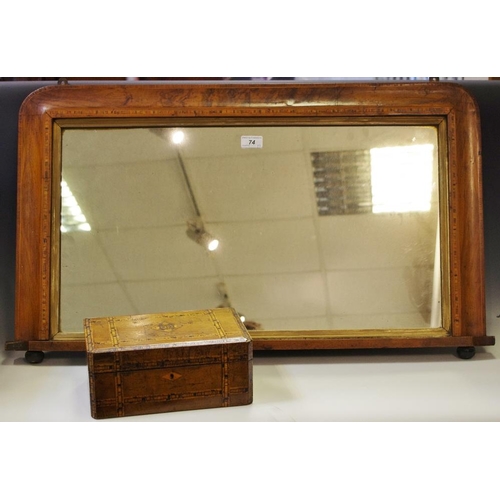 74 - An Edwardian walnut overmantel mirror, chequered banding; a marquetry box. (2)