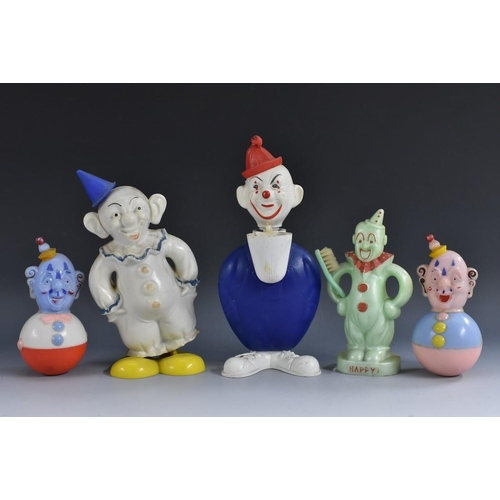 7 - Clowns bubble blower, plastic, made in Hong Kong; Clown with toothbrush, made in England; Clown, pla... 