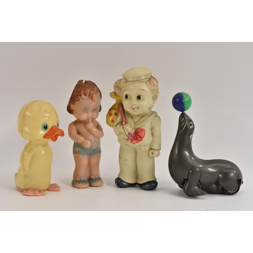 70 - Plastic 1950's Toys - friction Duck; Seal with Ball; baby rattle; celluloid Sailor boy (4)