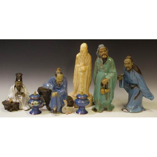 86 - Four Chinese figures of elders; a pair of cloisonne salt cellars with covers; etc