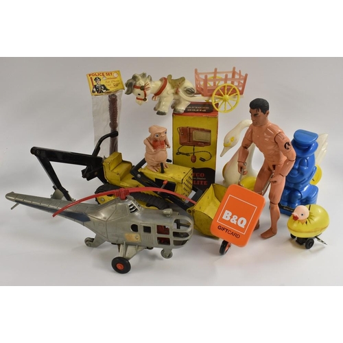75 - Toys - various, a novelty police set;  a helicopter;  a digger;  egg and chick;  etc