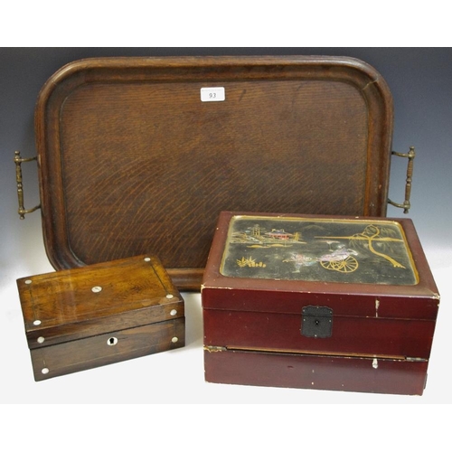 93 - A Victorian rosewood and mother of pearl workbox; a Japanese writing slope decorated with abalone sh... 