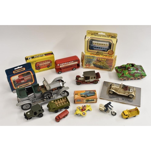 80 - Vehicles - an Army tank with pop up soldier, made in Japan, tinplate, original box; a Routemaster bu... 