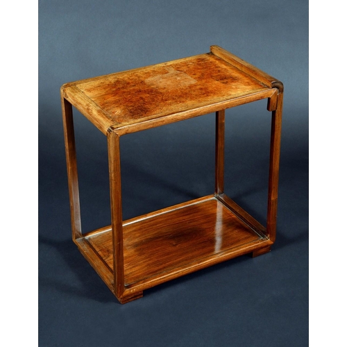 1582 - A Chinese burr and hardwood rectangular scroll-end jardiniere stand, panelled undertier, sledge feet... 