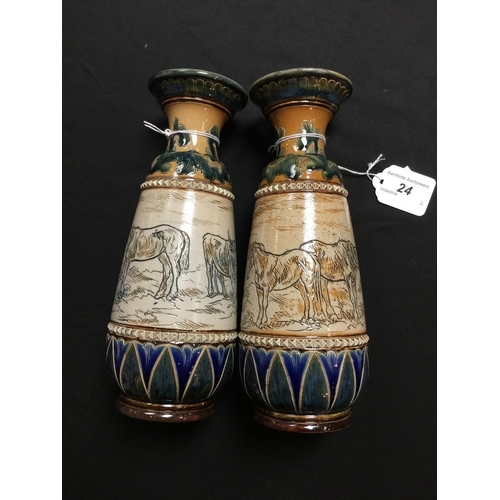 24 - A pair of Doulton Lambeth baluster vases, by Hannah Barlow, monogrammed, incised with grazing horses... 