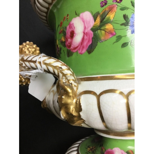 47 - An English porcelain two-handled campana shaped wine cooler, cover and further inner cover, decorate... 